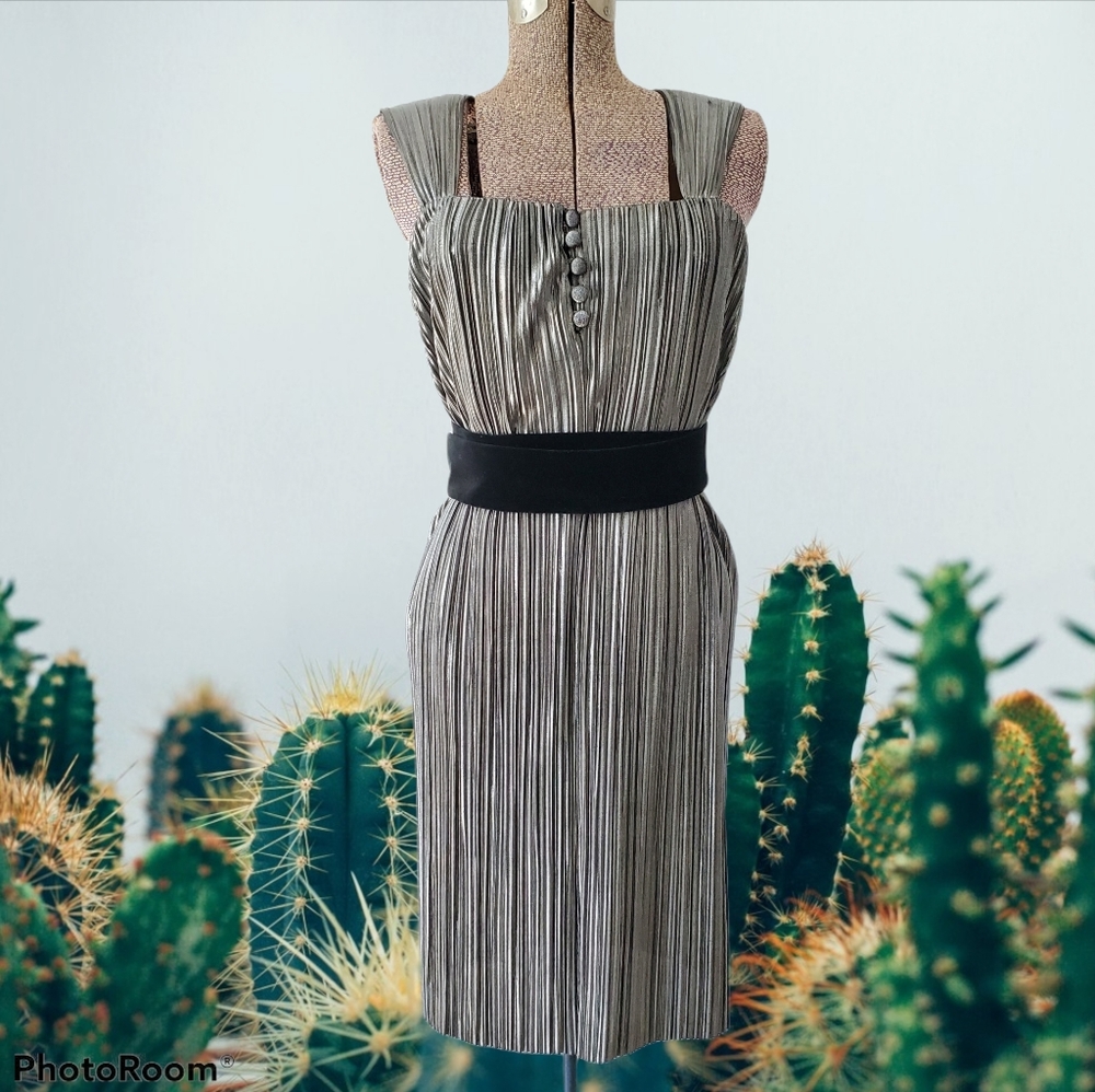 Vintage 80's pleated metallic silver midi dress